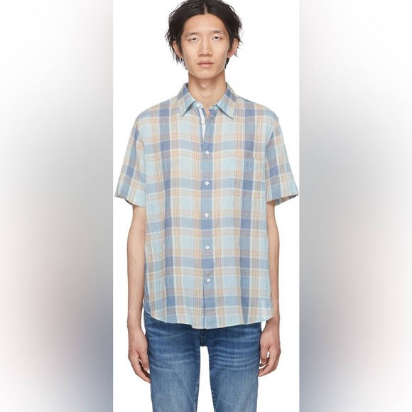 Rag & Bone Blue Beige Gus Button Down Shirt Short Sleeve size Large - Picture 11 of 11
